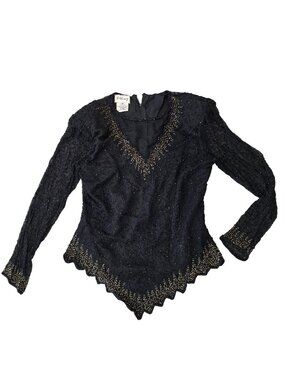Vintage Stenay Black Beaded Silk Blouse With V-Neck & Scalloped Hem Size M